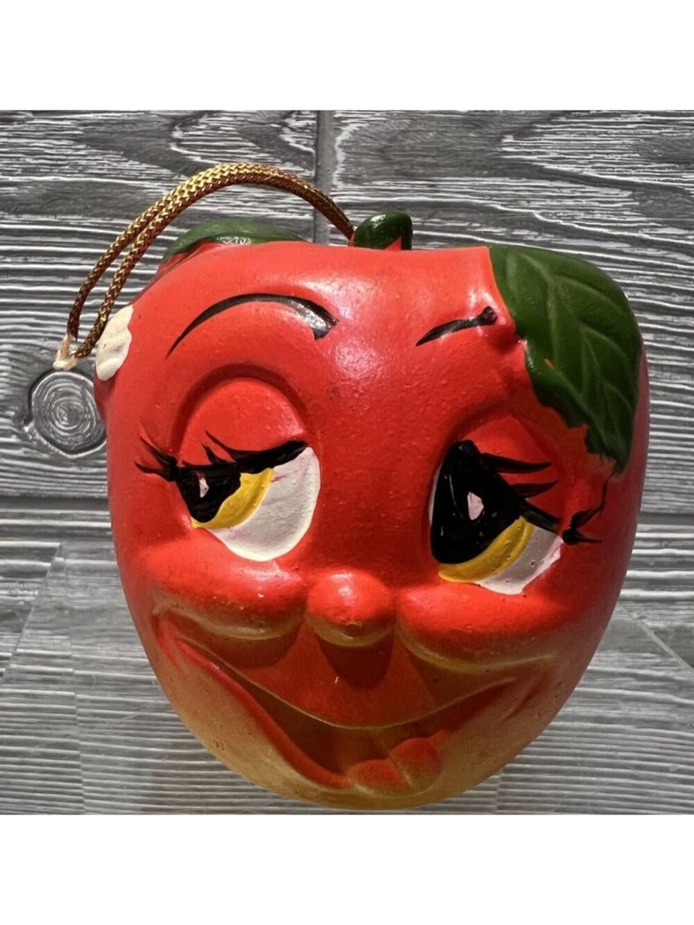 Vintage Anthropomorphic Ceramic Apple Face Pomander Sachet Hanging 3”
